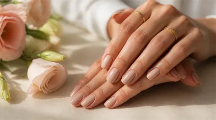 Freshly manicured hands resting on cream fabric beside fresh pink roses