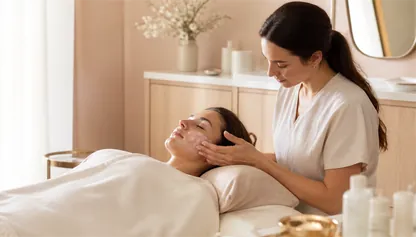 A relaxed client wrapped in a towel receives a facial massage