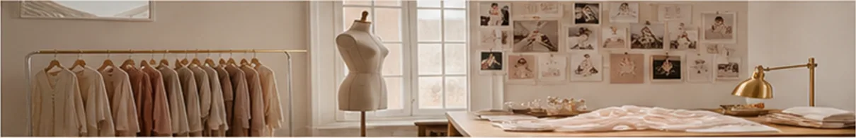 Inside the Maison Rose atelier, a rail of blush garments, a dress form and a wall of sketches
