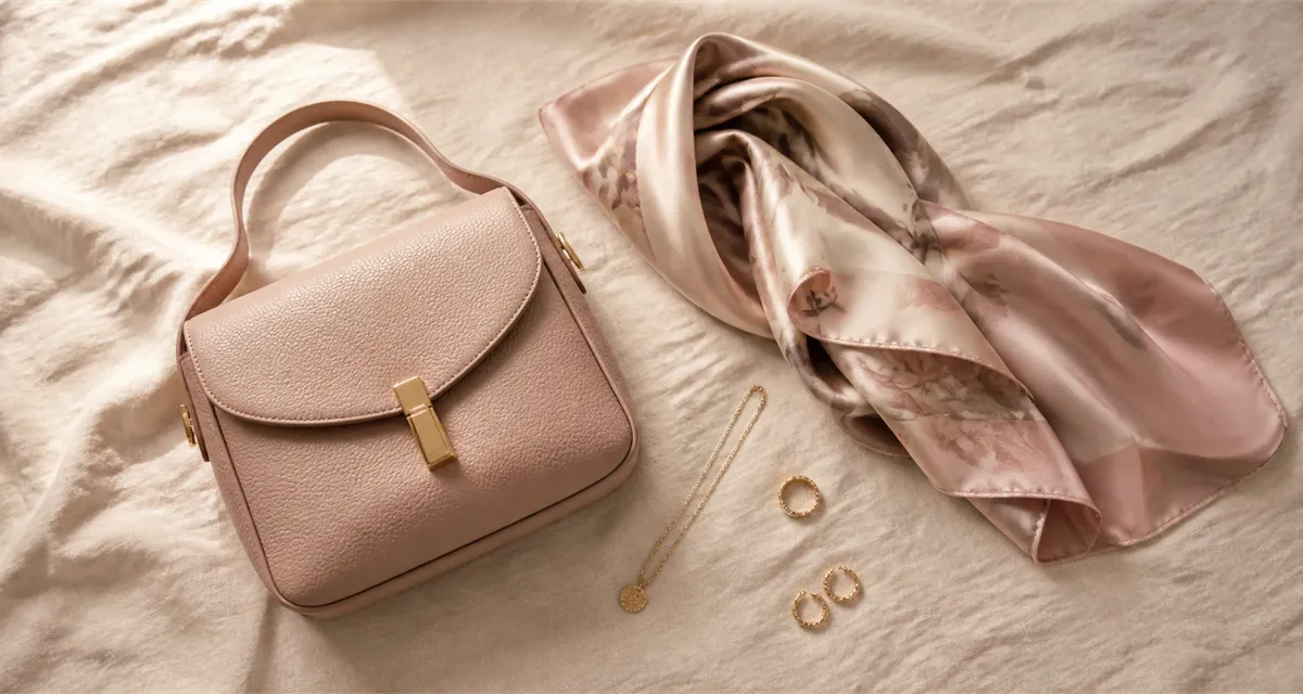 A blush leather bag, a rose silk scarf and gold rings
