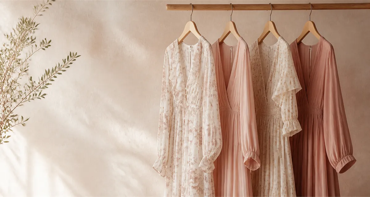 Cream lace and blush dresses on a wooden rail