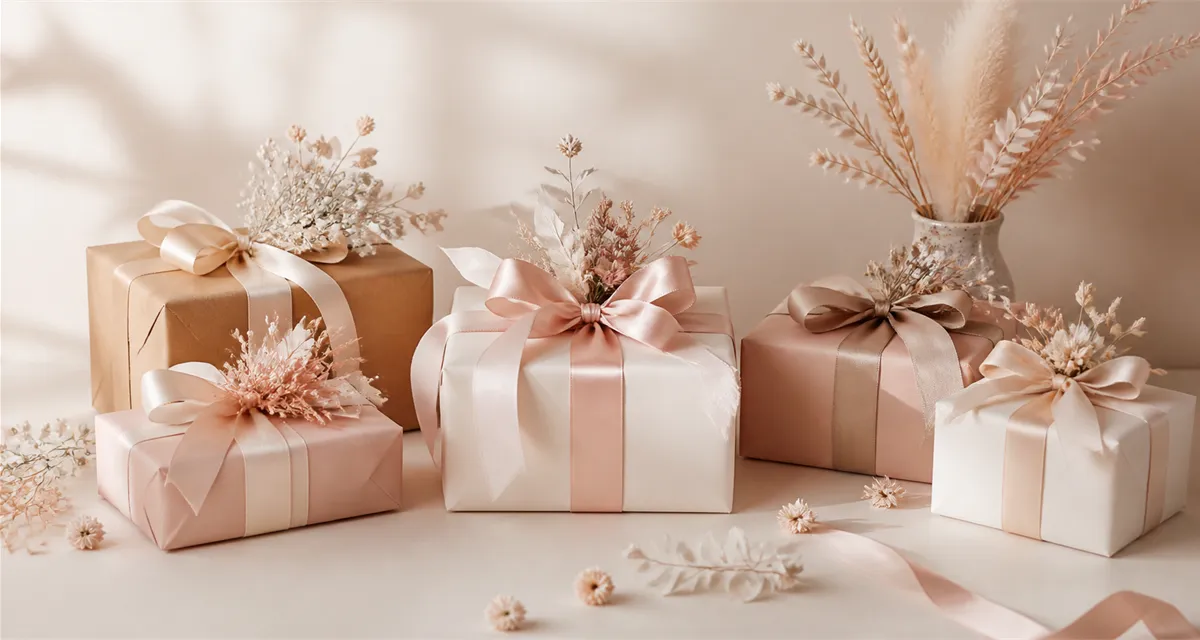 Gifts wrapped in kraft and blush paper, tied with satin ribbon and dried botanicals