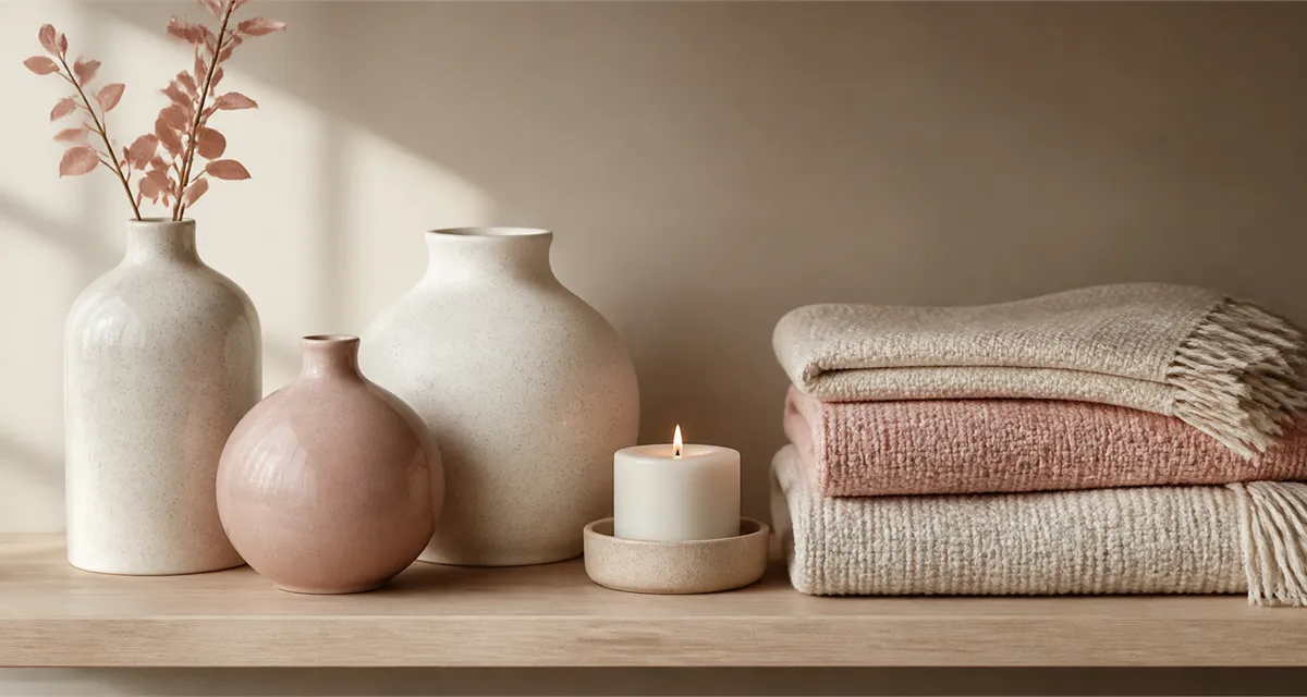 Cream and blush ceramics, a lit candle and folded blankets