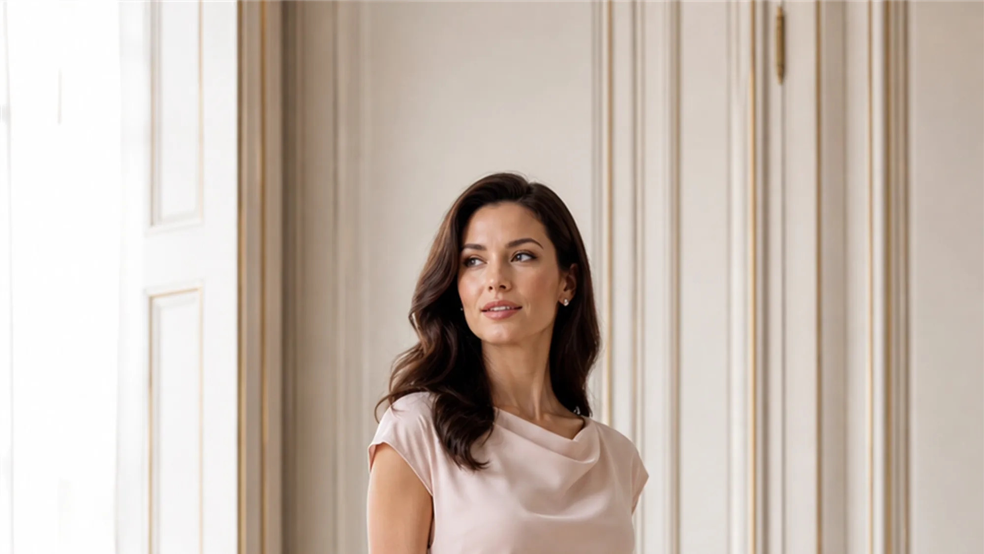 Model in a soft ivory blouse beside a sunlit window and blush roses