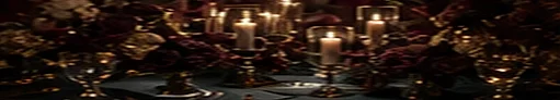 Candles and roses along a dark banquet table