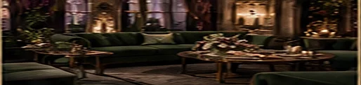 Emerald velvet lounge seating in a candlelit salon