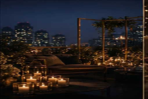 A rooftop lounge at dusk with clustered candles and the city skyline behind