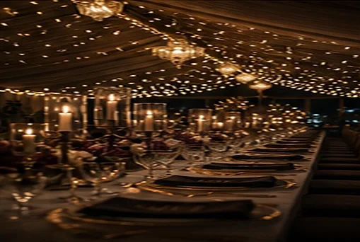 A long dinner table under a tent canopy strung with warm string lights