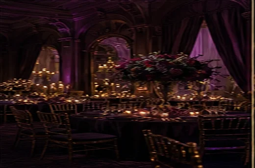 A grand ballroom dressed in plum drapery, gold chairs and towering floral centerpieces