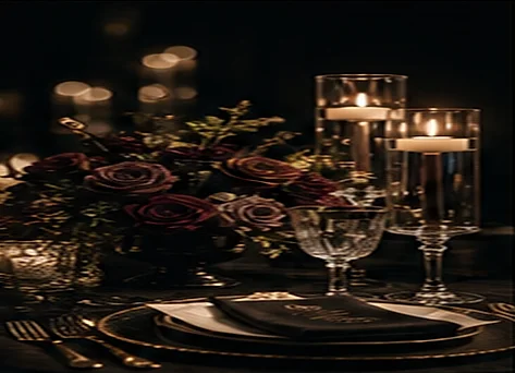 An intimate table setting with burgundy roses, floating candles and cut crystal