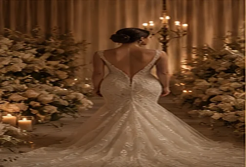 A bride in a lace gown walking through candlelit white florals