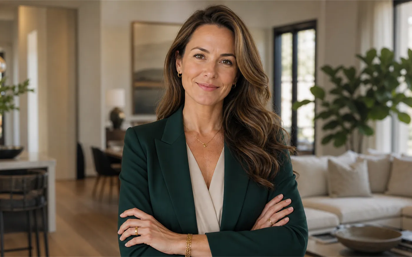 Elena Marsh, principal agent at Haven Estates, standing with arms crossed in a warm modern living room