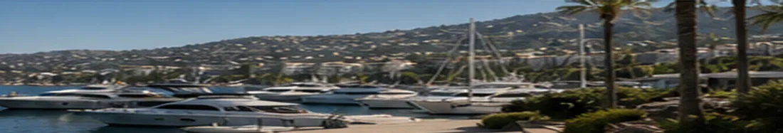 Yachts moored in a sunny marina with hillside homes behind