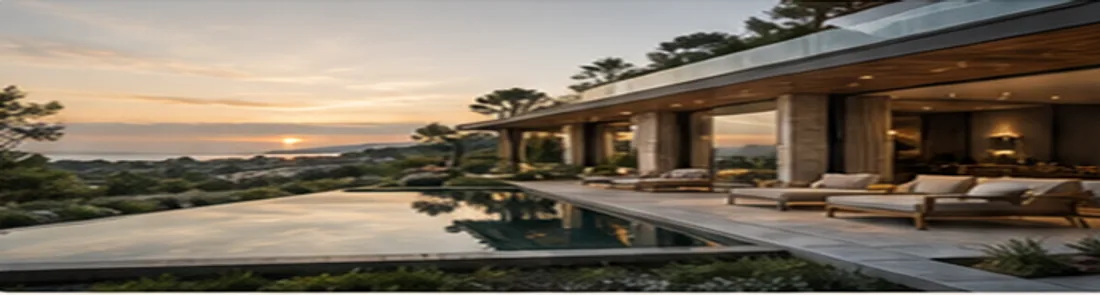 The Larchmont House at dusk, a hillside modern home with an infinity pool and sunset over the bay