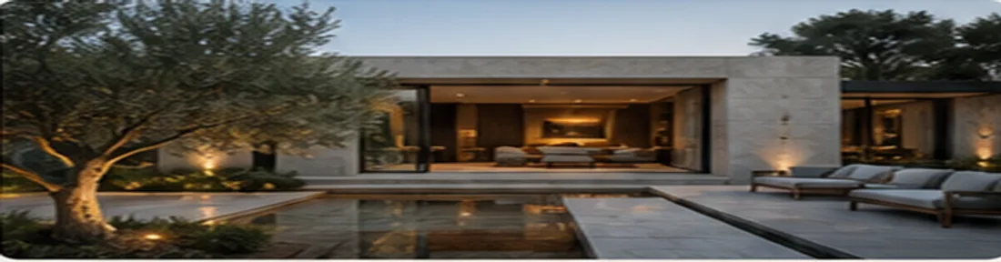 The Olive Court Residence, a single-storey stone and glass home framed by an old olive tree