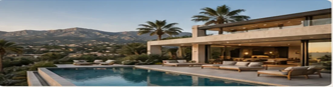Meadowlark Estate, a hillside estate with a pool terrace overlooking distant mountains