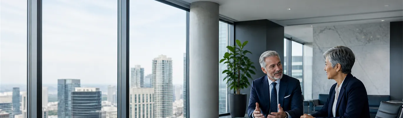 The Ledger & Crowe partners meeting around a conference table in a light-filled office with a city skyline view