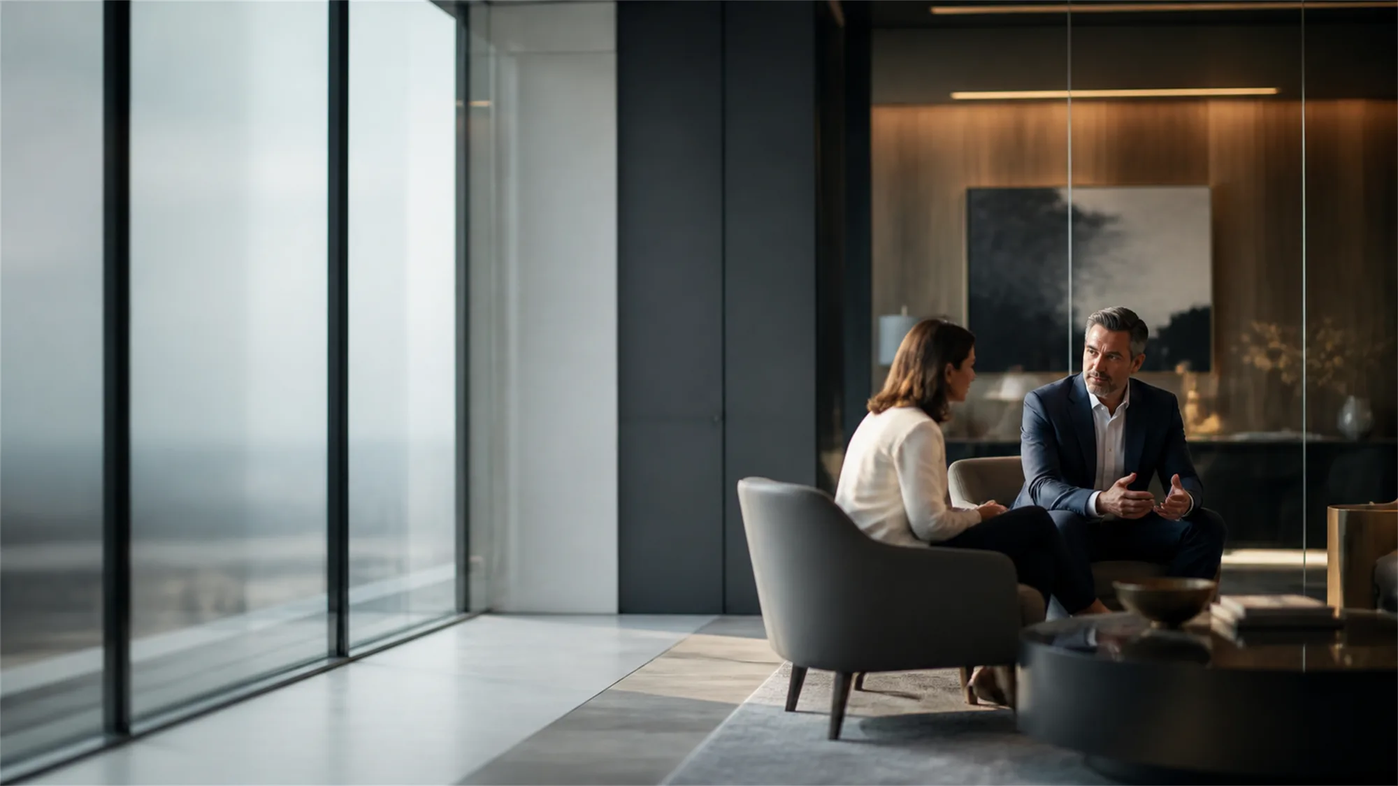 A Ledger & Crowe partner in conversation with a client across a conference table in a light-filled office