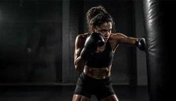Boxer working the heavy bag under studio light