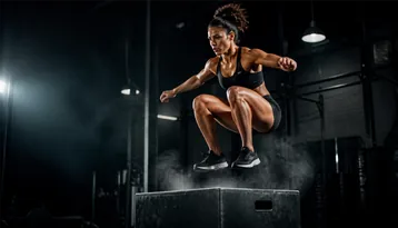 Athlete mid box jump onto a plyo box in the HIIT studio