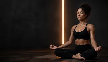 Member seated in a calm yoga pose in the dark studio