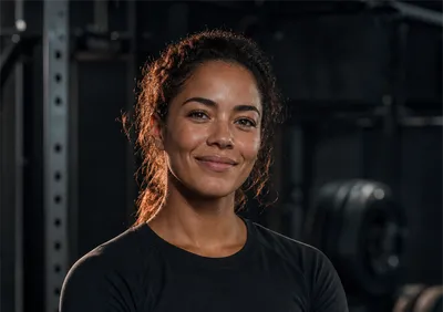 Head coach Dana Carter, a woman in a black training top, smiling on the gym floor